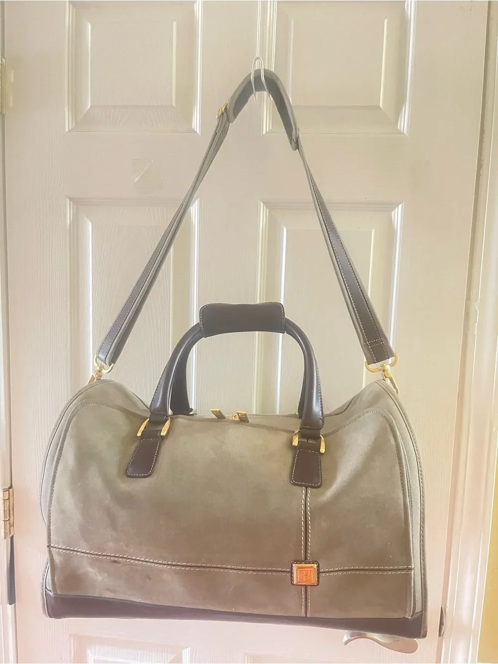 Diane Von Furstenberg  olive Green Fabric canvas duffel bag brown leather straps
